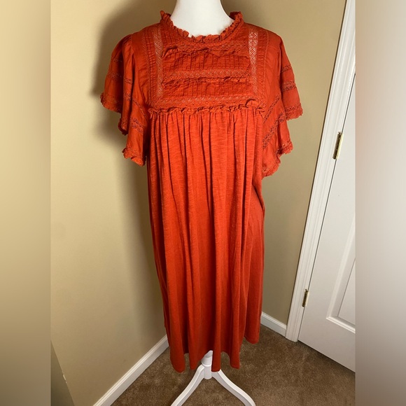 NWT Boden Red/Rust Orange Short Sleeve Lace Yoke Dress Size 16/18L *No Belt* - Picture 4 of 12